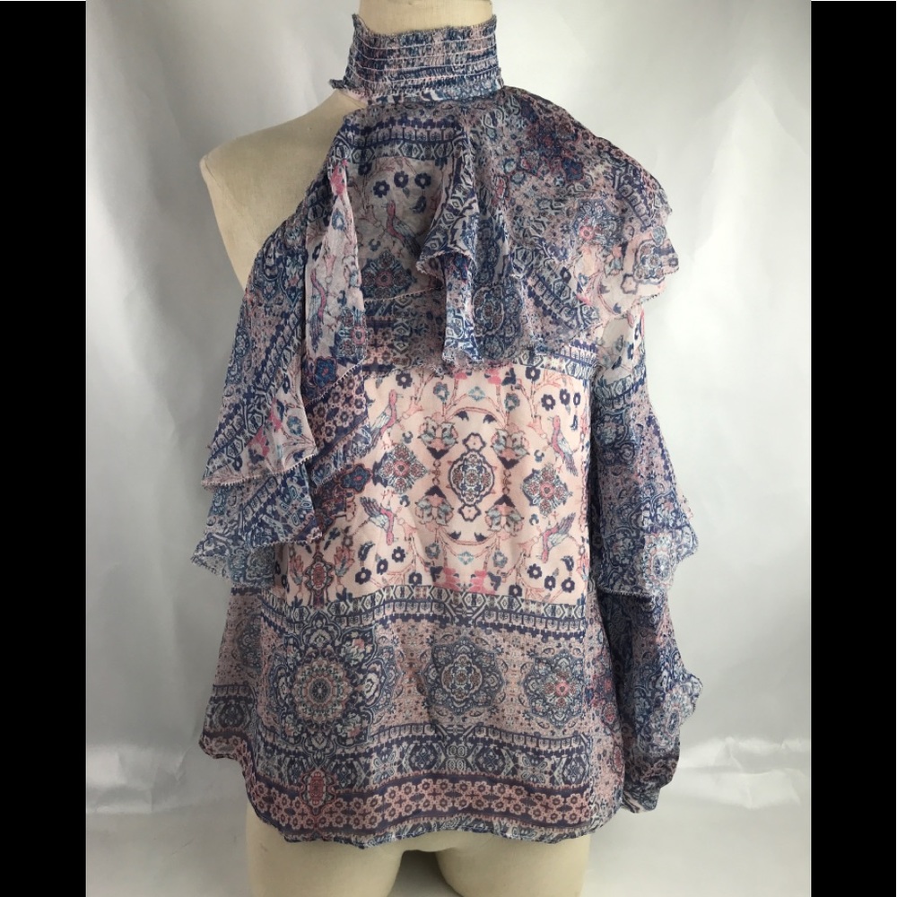 Parker Silk One Shoulder Floral Top Ruffled Sz S